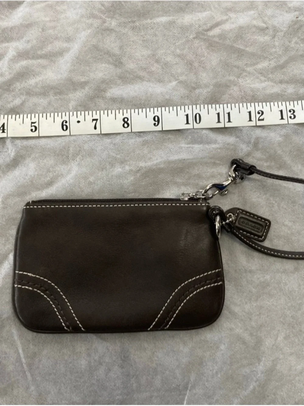 Coach Brown Leather Wristlet with White Stitching